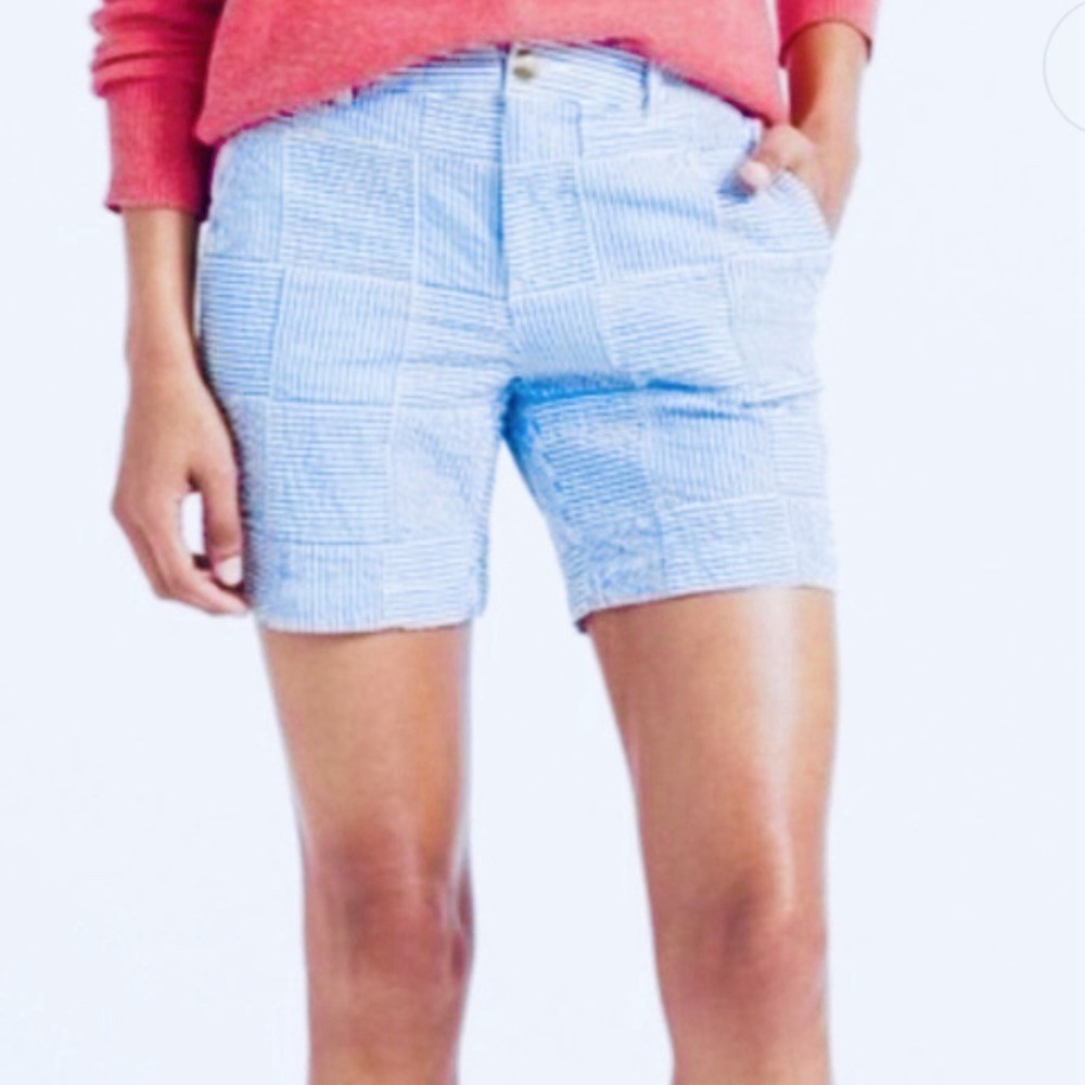 LL Bean Blue Patchwork Seersucker Favorite Fit Cotton Bermuda Shorts Size 6